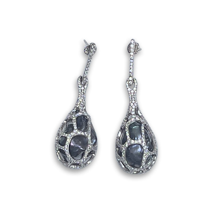 CAGE EARRINGS WITH CZ AND GREY BAROQUE PEARL BY NYET JEWELRY
