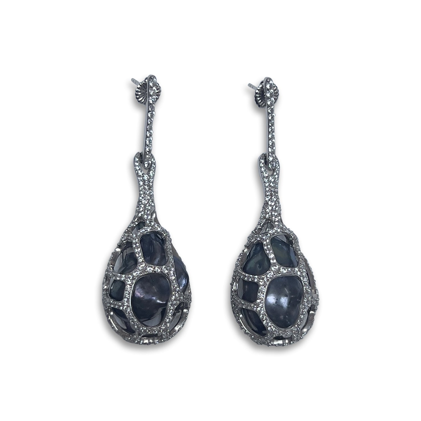 CAGE EARRINGS WITH CZ AND GREY BAROQUE PEARL BY NYET JEWELRY