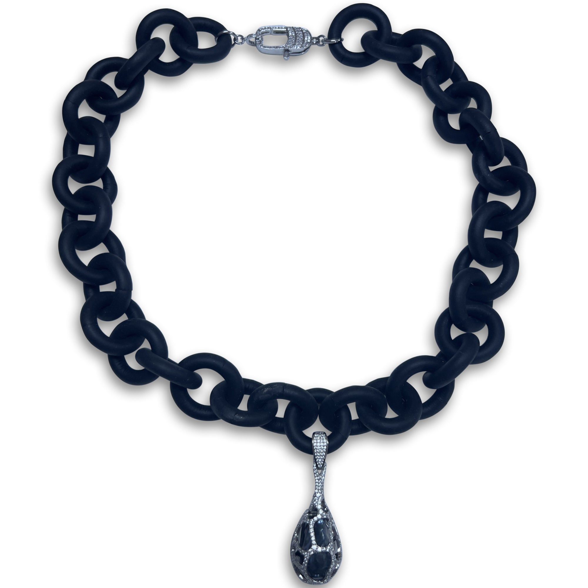 BLACK RUBBER CHAIN NECKLACE WITH RHODIUM-PLATED GREY BAROQUE PEARL PENDENT