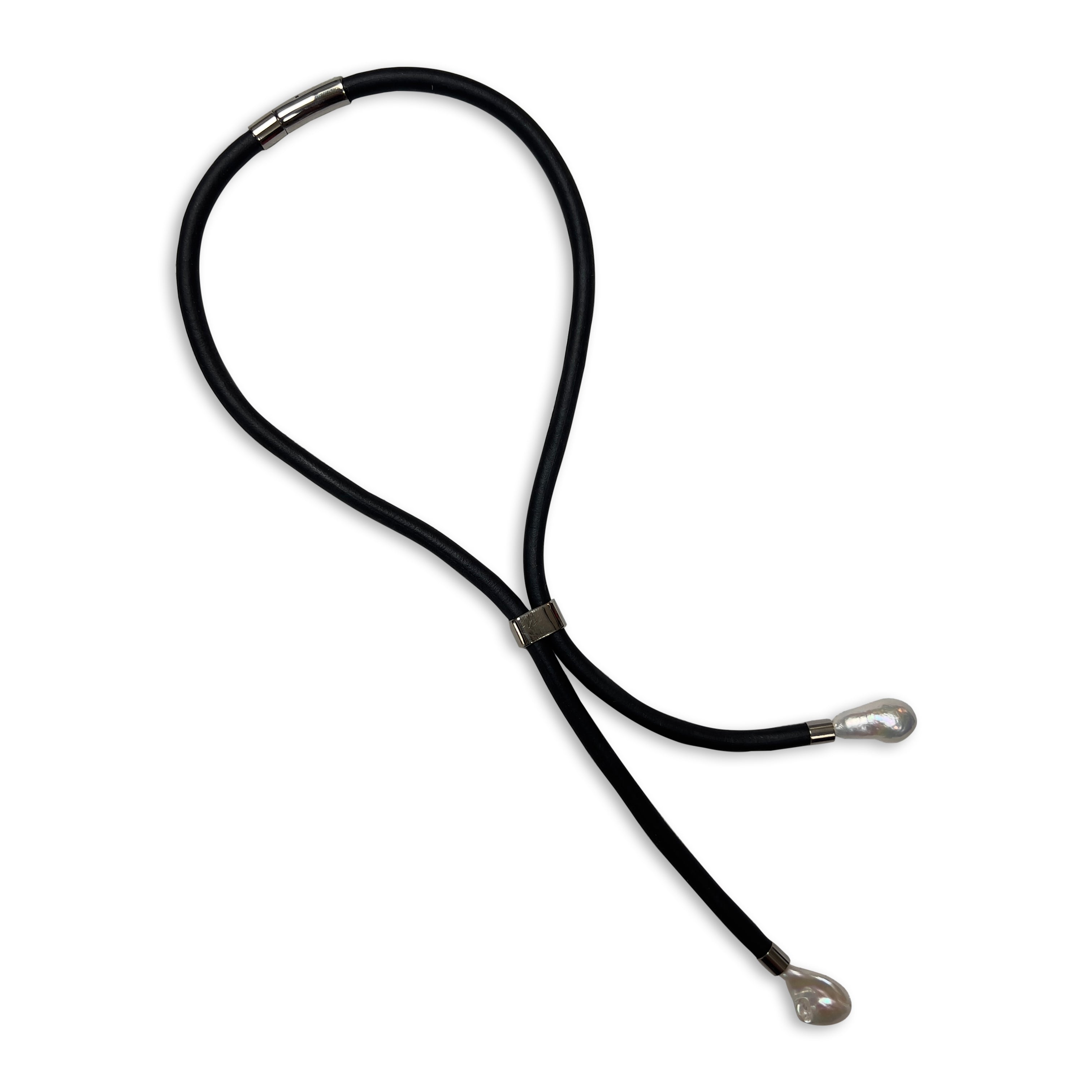 BLACK RUBBER LARIAT NECKLACE WITH GENUINE LARGE BAROQUE PEARLS ATTACHED AT ENDS. by nyet jewelry