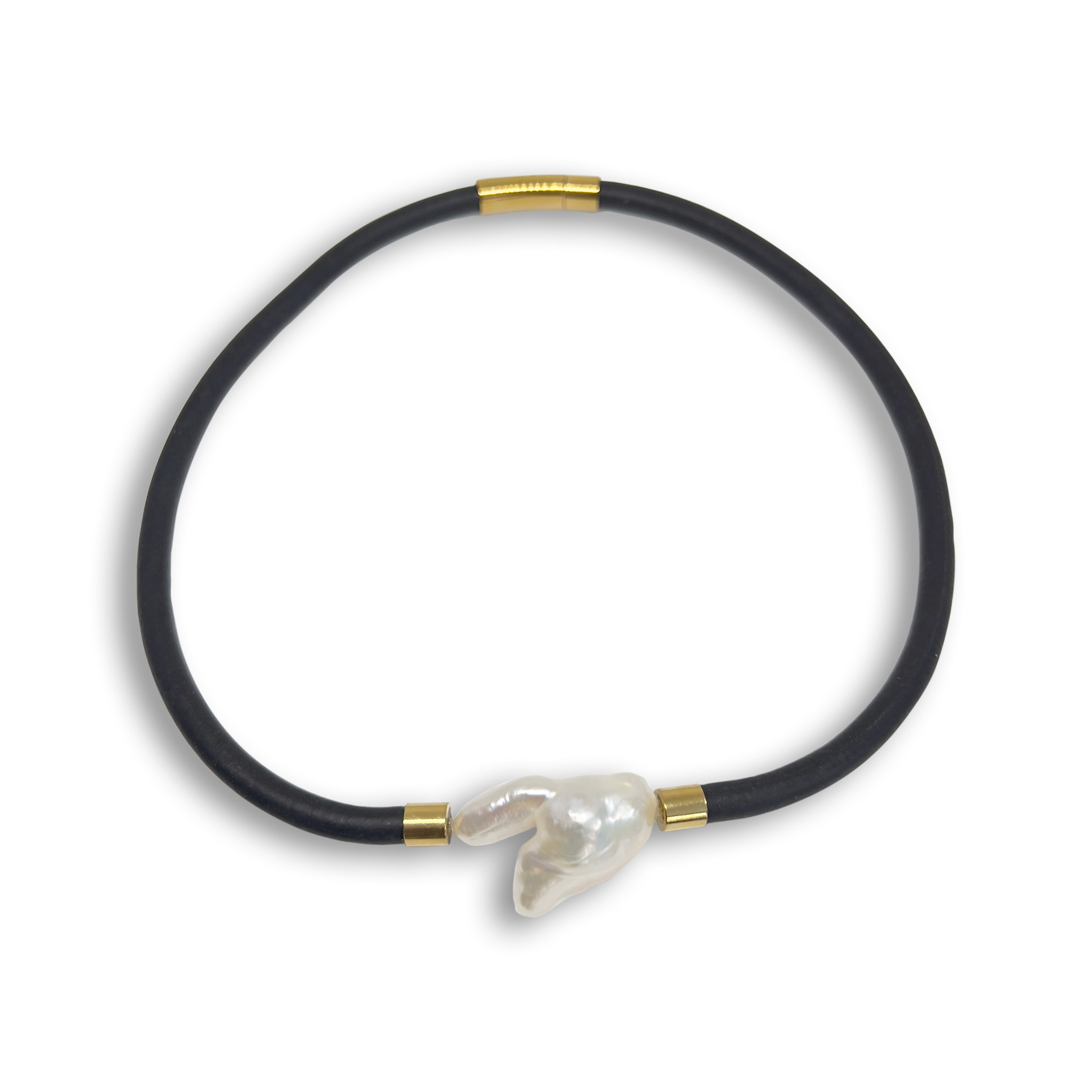 BLACK RUBBER NECKLACE WITH GENUINE FLOATING LARGE KESHI PEARL.