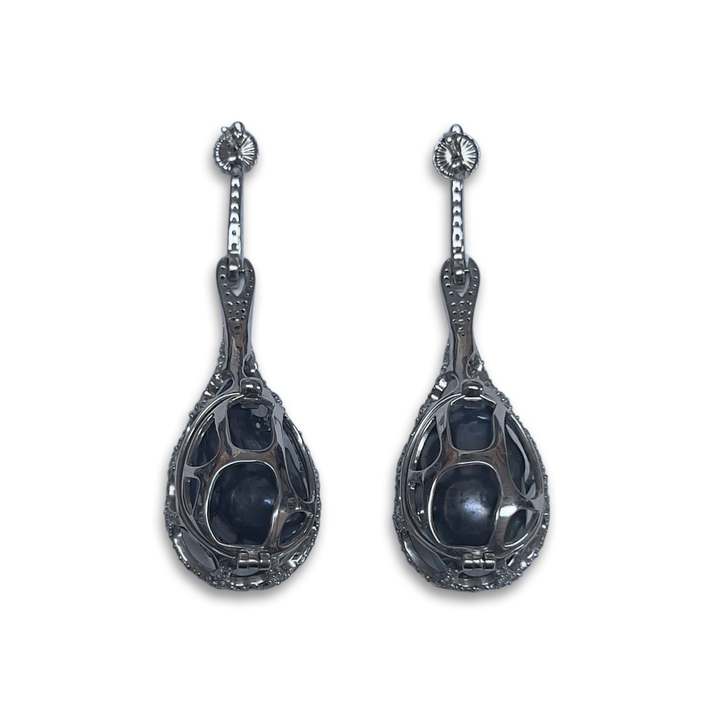 CAGE EARRINGS WITH CZ AND GREY BAROQUE PEARL BY NYET JEWELRY. BACK
