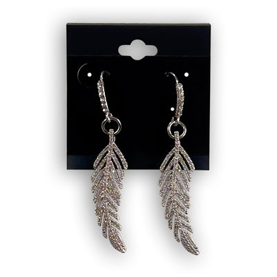 EARRINGS WITH PAVE'D CZ PENDENT REPRESENTING A FEATHER by NYET Jewelry