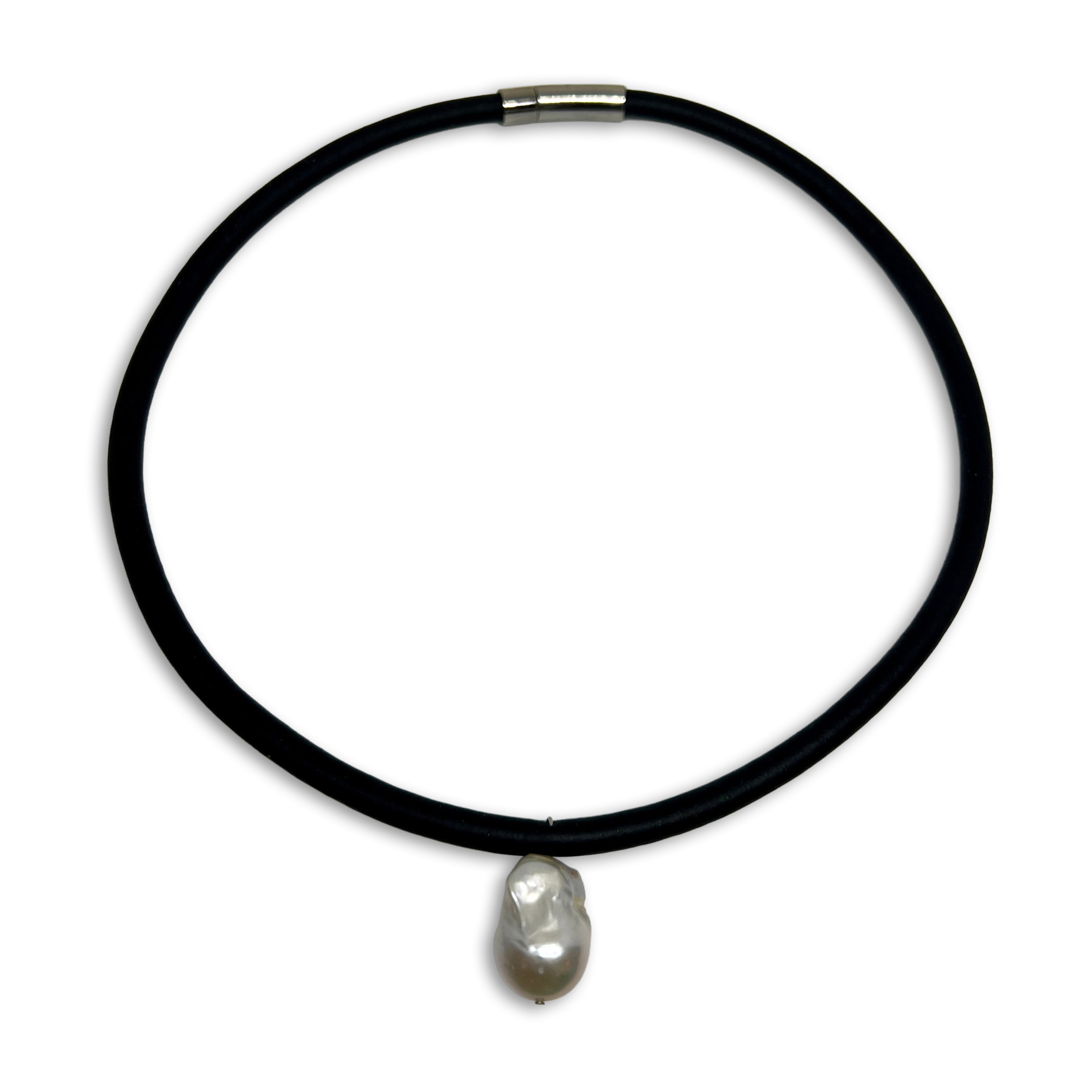 BLACK RUBBER NECKLACE WITH GENUINE FLOATING LARGE BAROQUE PEARL.