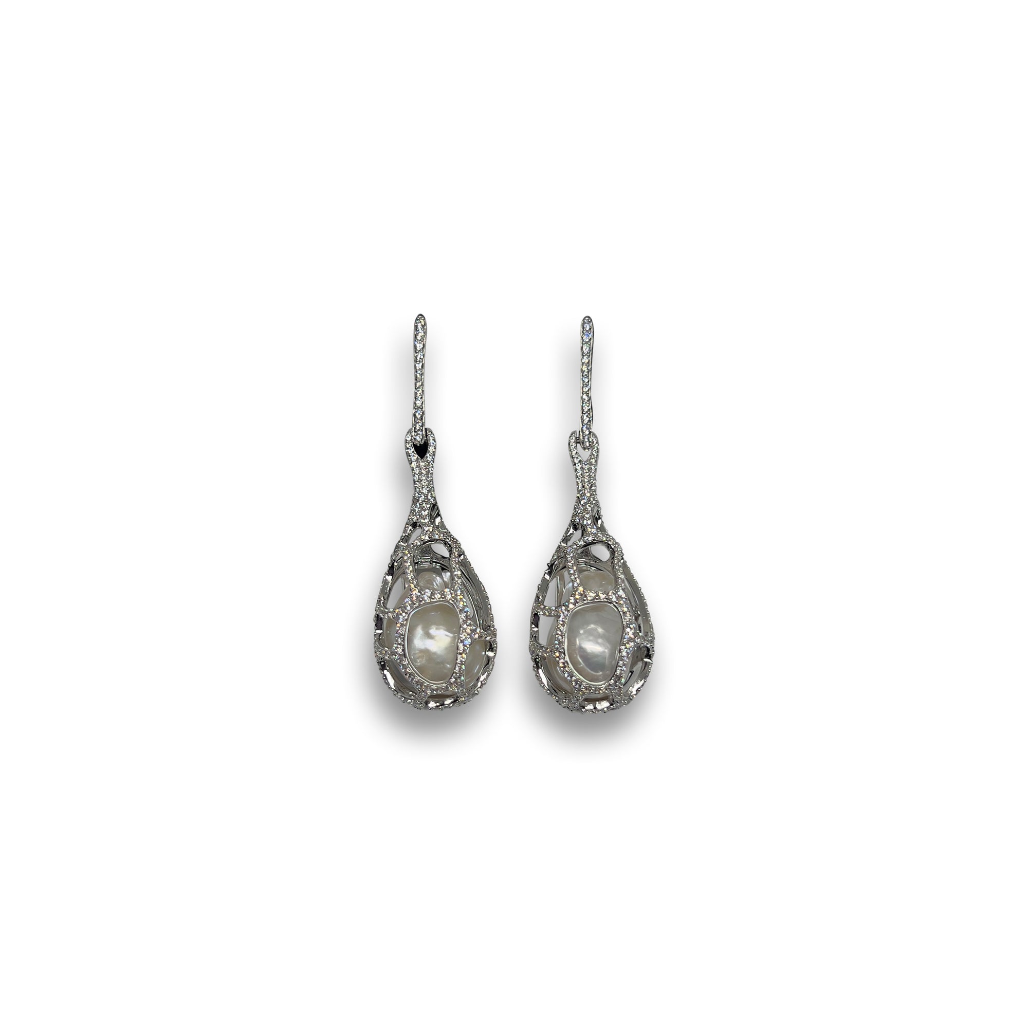 CAGE EARRINGS WITH CZ AND WHITE BAROQUE PEARL BY NYET JEWELRY