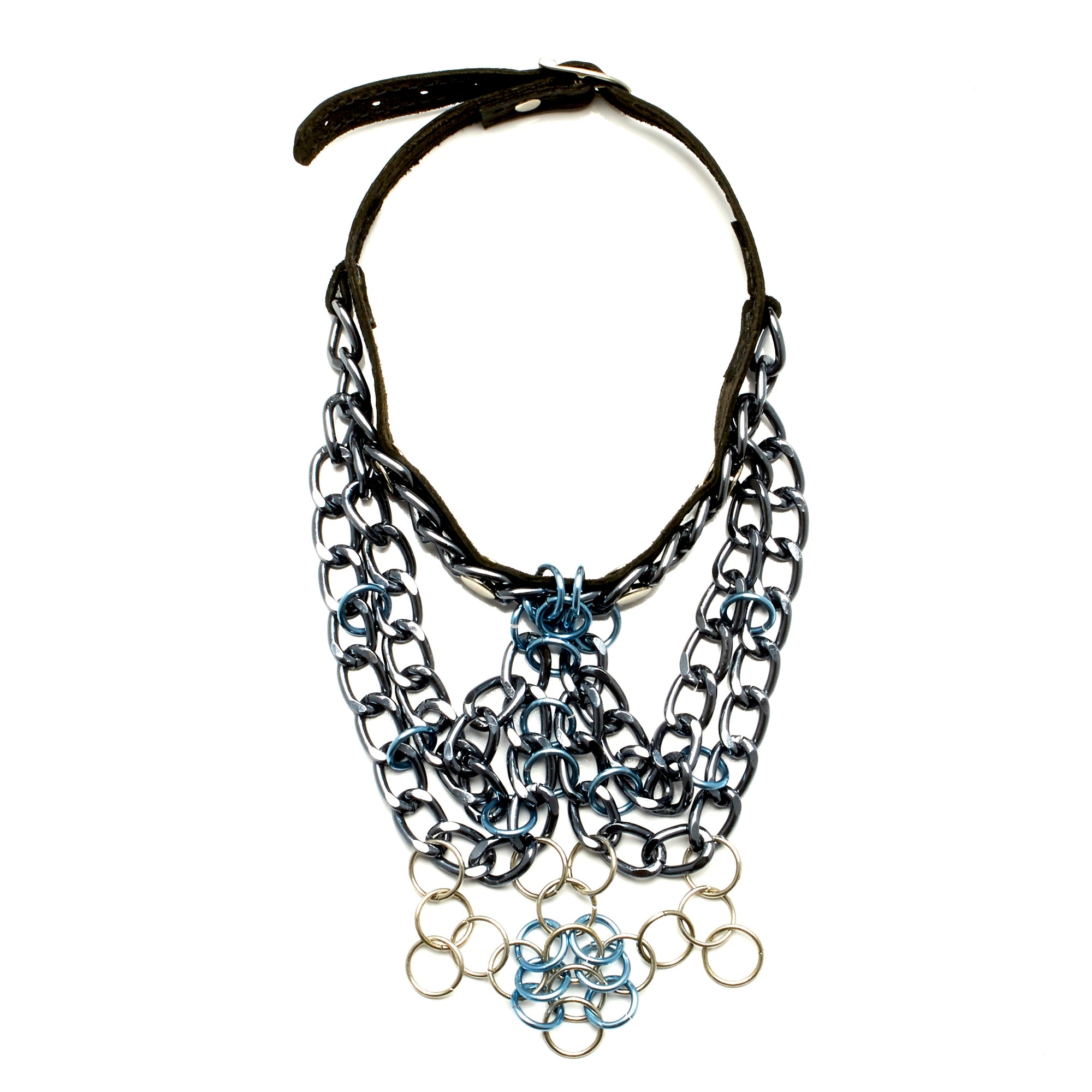BLACK COWHIDE CHOKER NECKLACE WITH CLUSTER OF CHAINS AND CHAINMAILLE WORK. by nyet jewelry