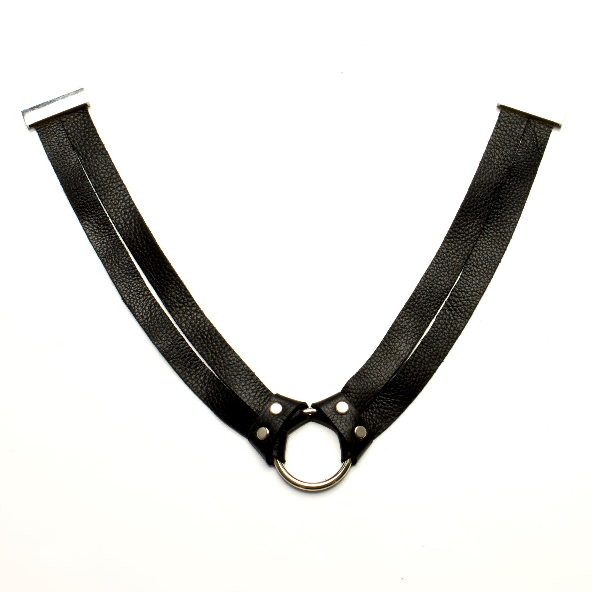 TWO STRAND DEERSKIN LEATHER CHOKER NECKLACE WITH STAINLESS STEEL RING. BY NYET JEWELRY