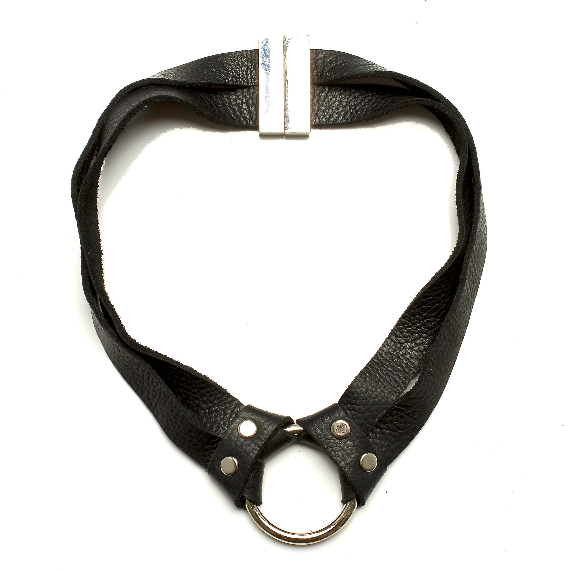 TWO STRAND DEERSKIN LEATHER CHOKER NECKLACE WITH STAINLESS STEEL RING. BY NYET JEWELRY