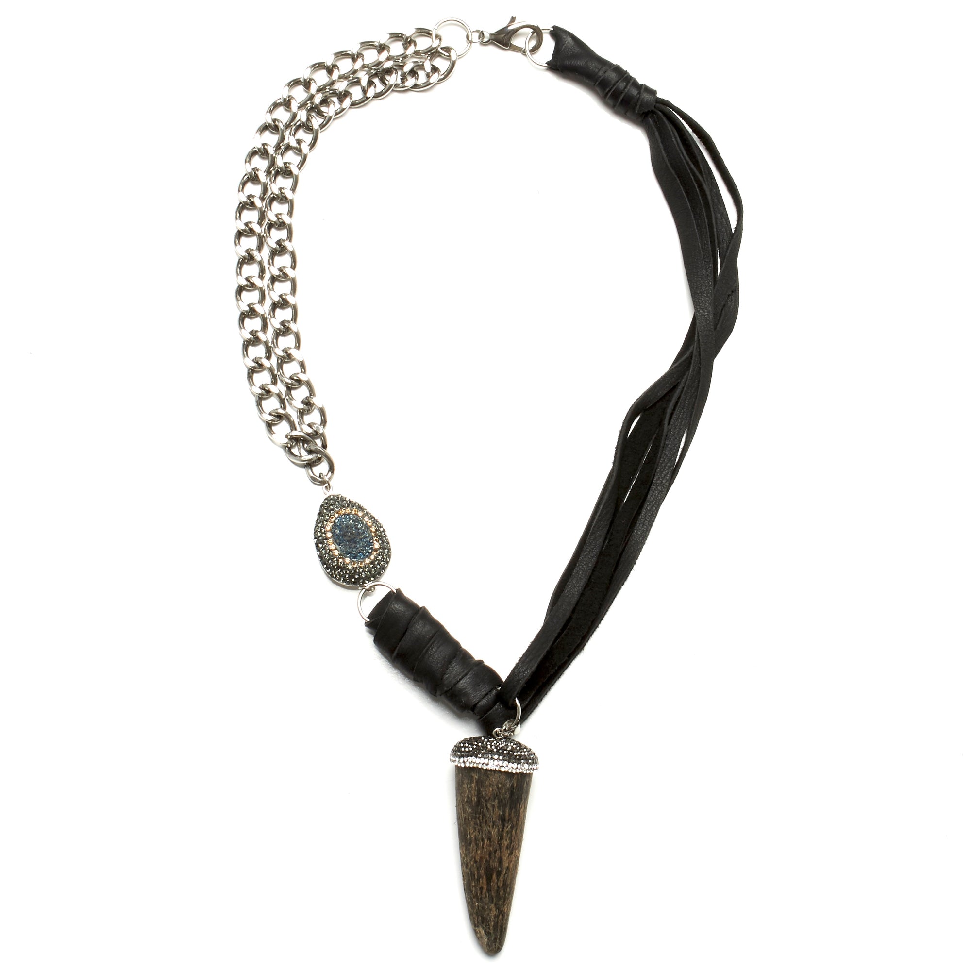 MULTI STRAND DEERSKIN LEATHER AND TWO STRANDS OF CHAIN NECKLACE WITH PAVE RHINESTONE, DRUZY ACCENT AND HORN PENDENT. by nyet jewelry.