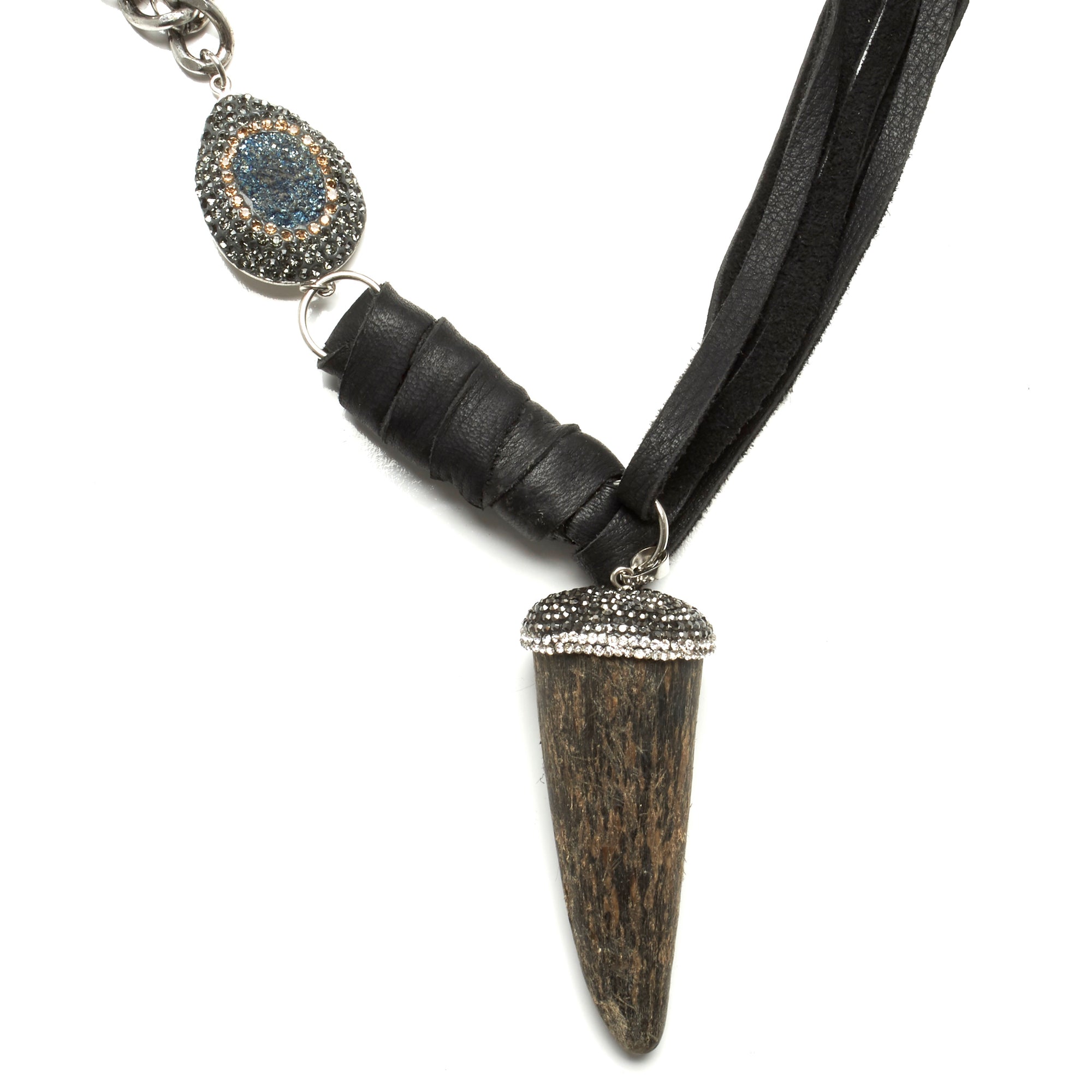 MULTI STRAND DEERSKIN LEATHER AND TWO STRANDS OF CHAIN NECKLACE WITH PAVE RHINESTONE, DRUZY ACCENT AND HORN PENDENT. by nyet jewelry.