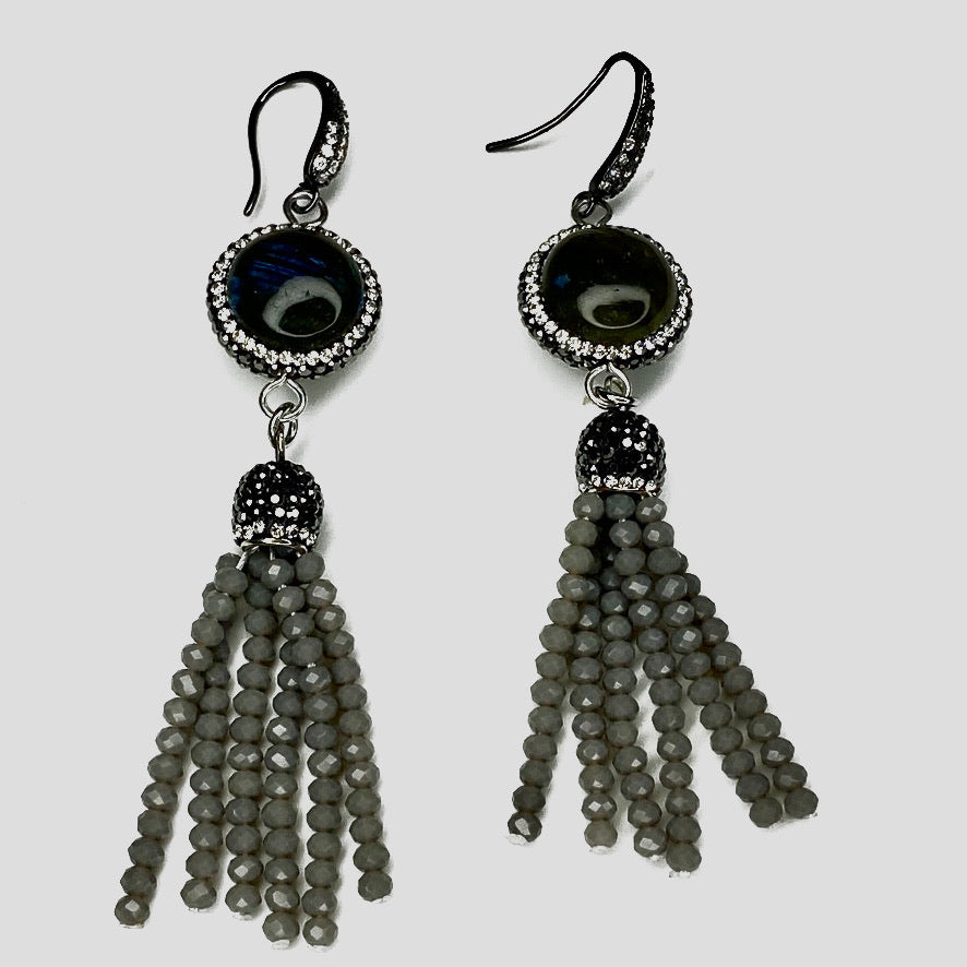 ROUND PILLOW CUT LABRADORITE STONE W/ PAVE RHINESTONES, AND GREY FACETED CRYSTAL BEADS TASSEL. by nyet jewelry