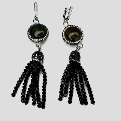 ROUND PILLOW CUT LABRADORITE STONE W/ PAVE RHINESTONES, AND GREY FACETED CRYSTAL BEADS TASSEL.  by nyet jewelry