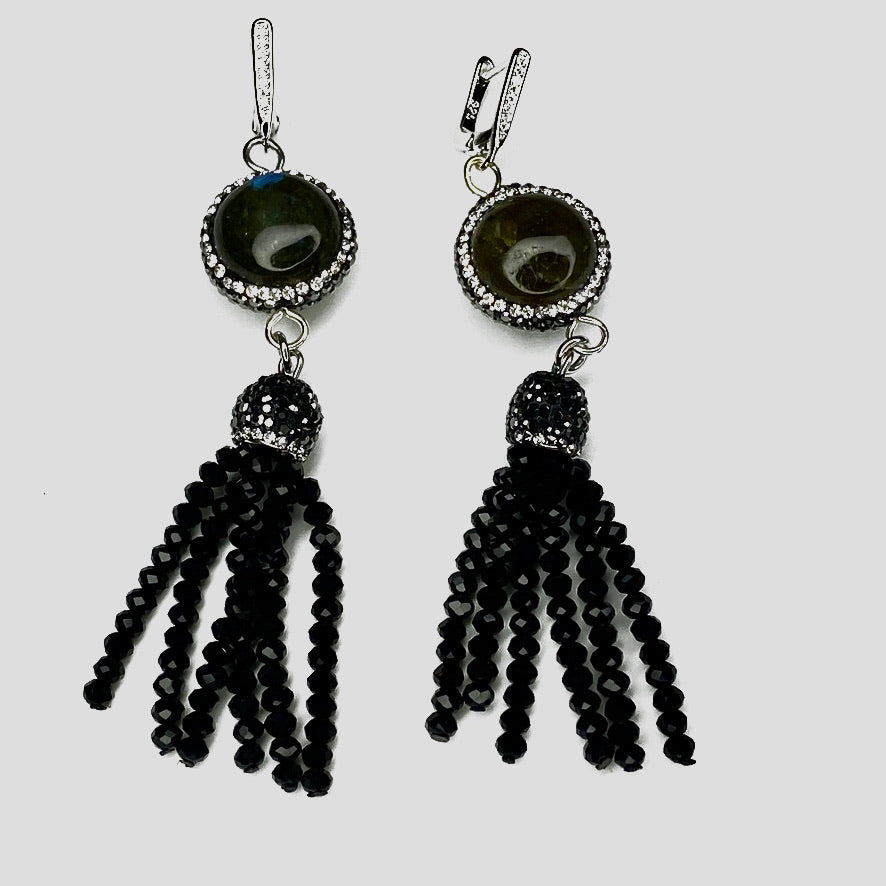 ROUND PILLOW CUT LABRADORITE STONE W/ PAVE RHINESTONES, AND GREY FACETED CRYSTAL BEADS TASSEL. by nyet jewelry