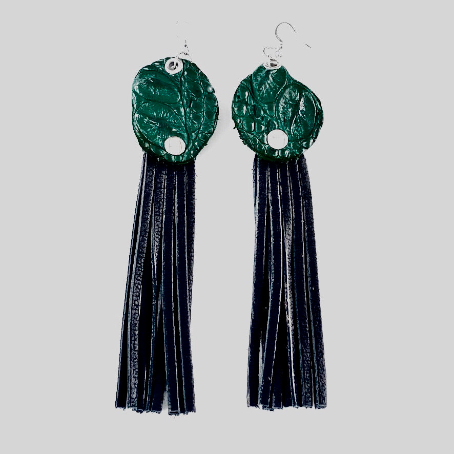 FARM-RAISED CROCODILE DROP EARRINGS WITH METAL RINGS AND BLACK DEERSKIN FRINGE. by NYET jewelry