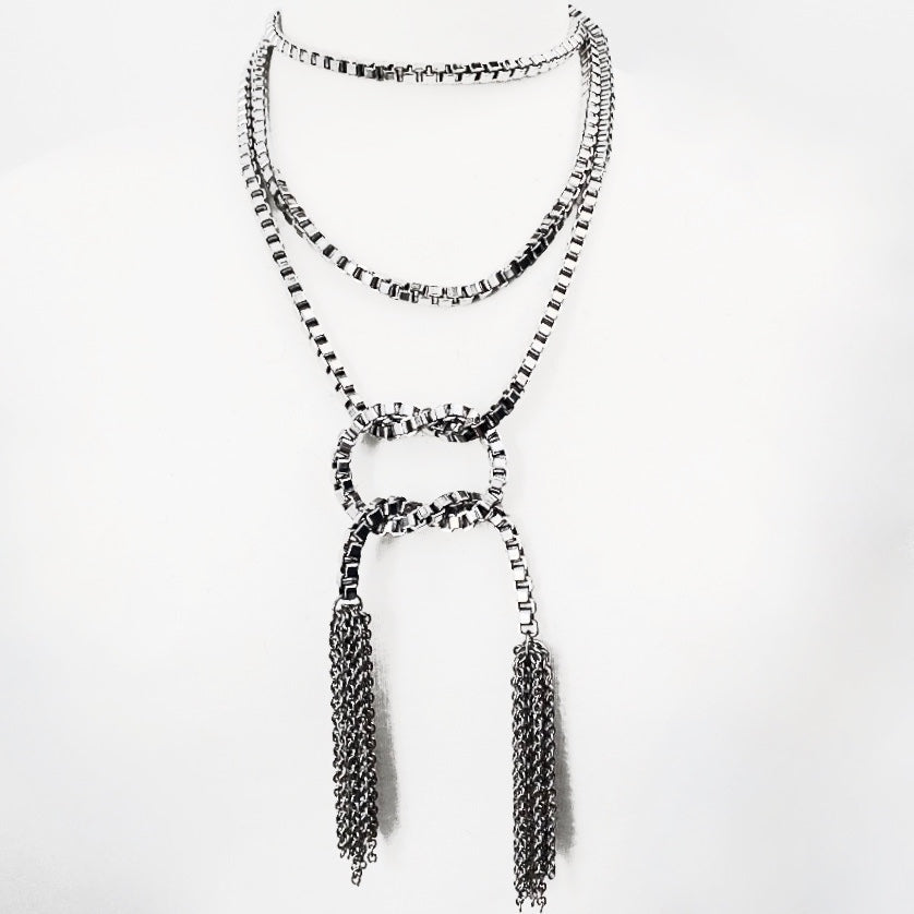 EXTRA LONG STAINLESS STEEL LARIAT NECKLACE WITH CHAIN TASSELS. by NYET Jewelry. Edit alt text