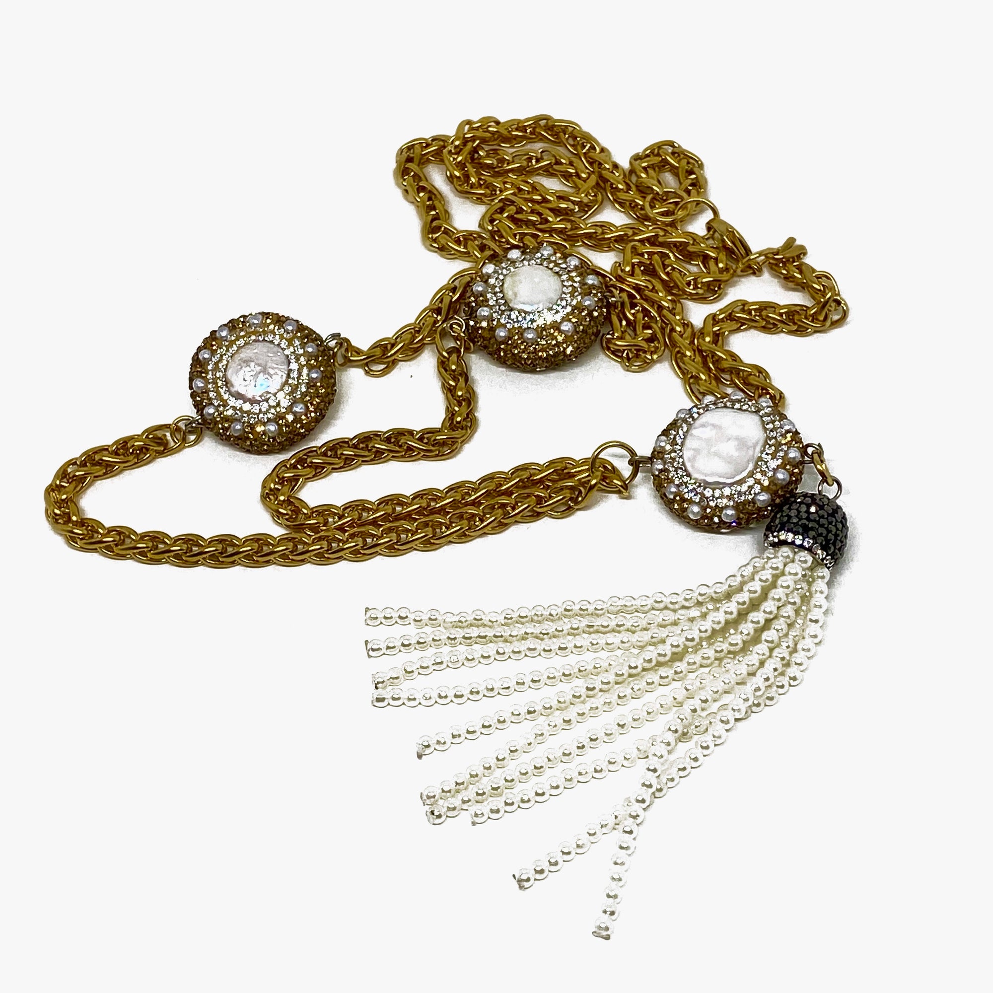 LONG LARIAT MADE OF BRAIDED 6MM STAINLESS STEEL CHAIN WITH PAVE CRYSTAL-AND-PEARL BEADS AND PEARL TASSEL.by NYET Jewelry Edit alt text