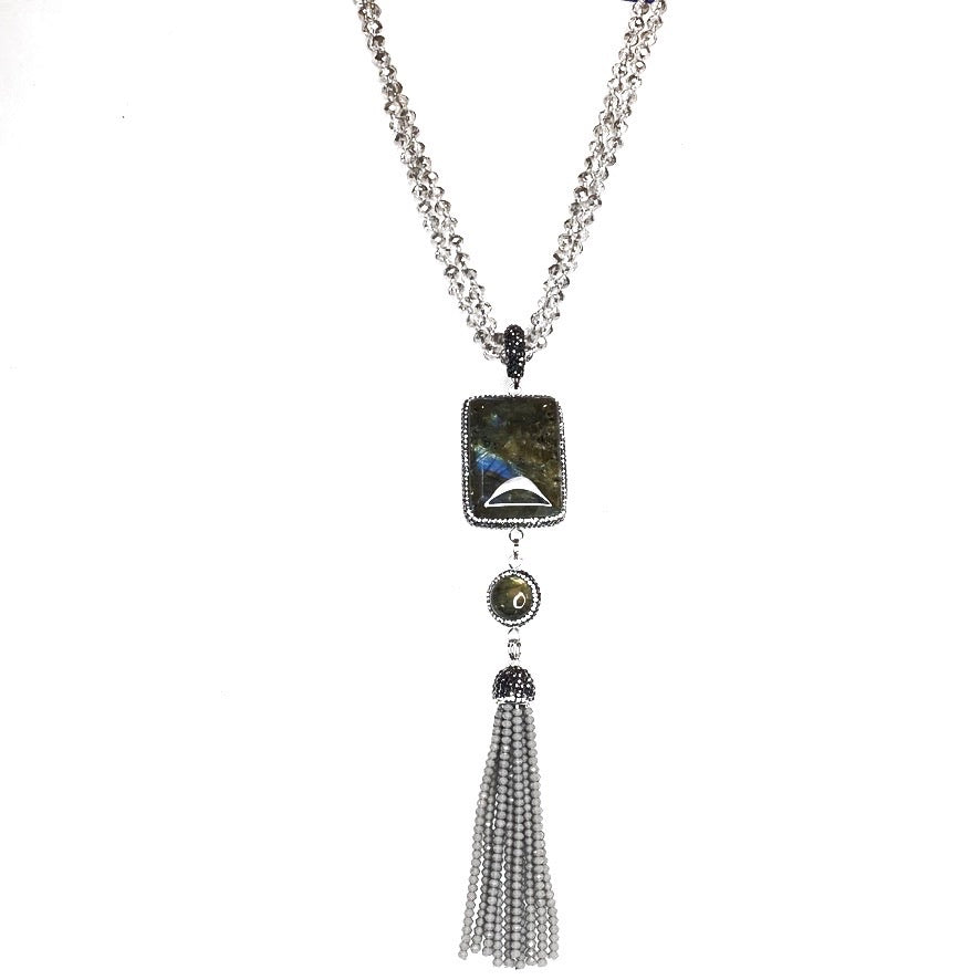 GREY FACETED CRYSTAL BEADS LONG NECKLACE ADORNED WITH EXTRA LARGE CUSHION CUT LABRADORITE STONE W/ PAVE RHINESTONES, LABRADORITE BEAD ACCENT AND CRYSTAL BEADS TASSEL. by nyet jewelry