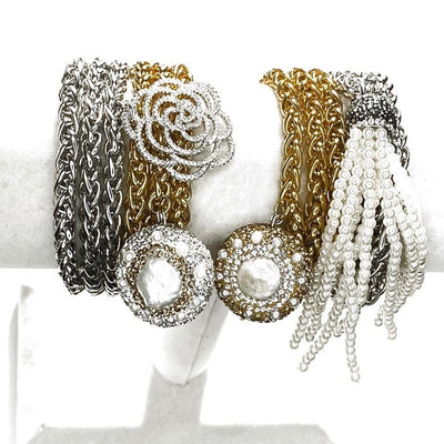 TRIPLE-STRAND GOLD OVER STAINLESS STEEL BRACELET WITH FRESH PEEARL BEAD PENDENT. by nyet jewelry