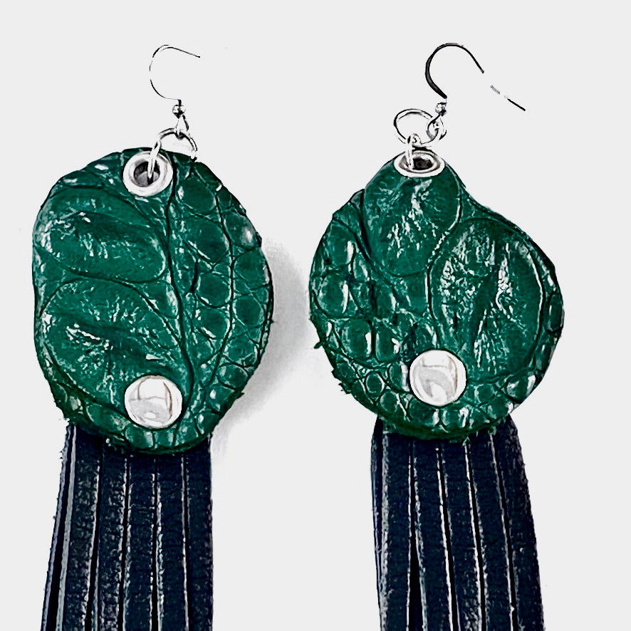 FARM-RAISED CROCODILE DROP EARRINGS WITH METAL RINGS AND BLACK DEERSKIN FRINGE. by NYET jewelry