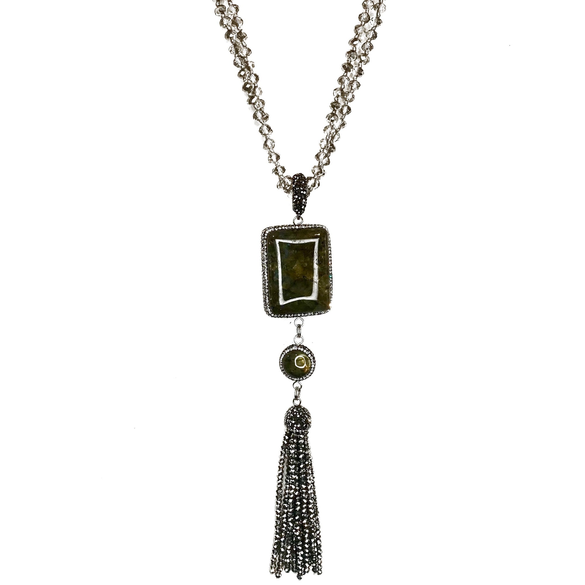GREY FACETED CRYSTAL BEADS LONG NECKLACE ADORNED WITH EXTRA LARGE CUSHION CUT LABRADORITE STONE W/ PAVE RHINESTONES, LABRADORITE BEAD ACCENT AND CRYSTAL BEADS TASSEL. by nyet jewelry