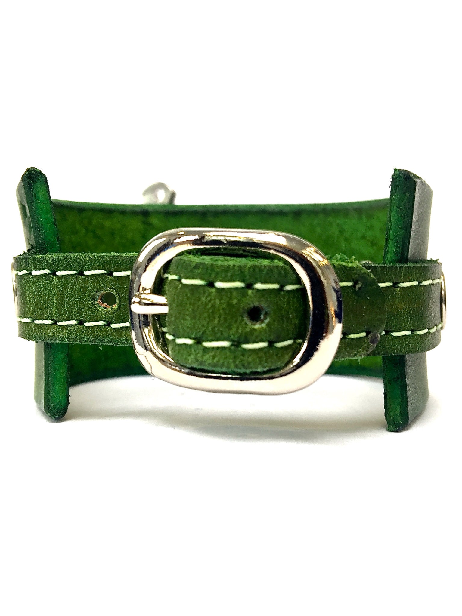leather cuff with anchor shackle forest green by nyet jewelry.