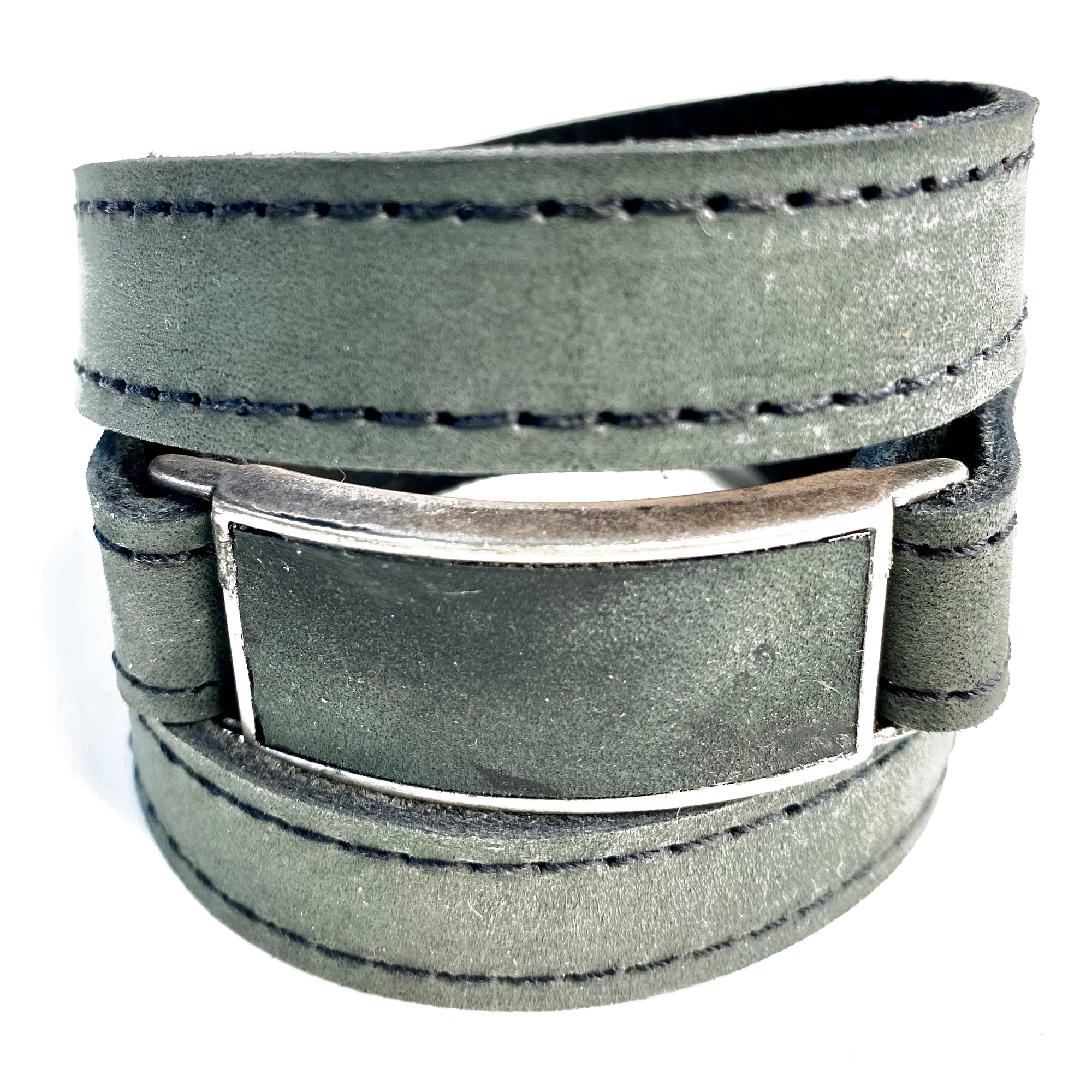 LEATHER WRAPAROUND WITH METAL LINK INLAID WITH MATCHING PIECE OF LEATHER WITH CUSTOM ENGRAVING by nyet jewelry Edit alt text Edit alt text