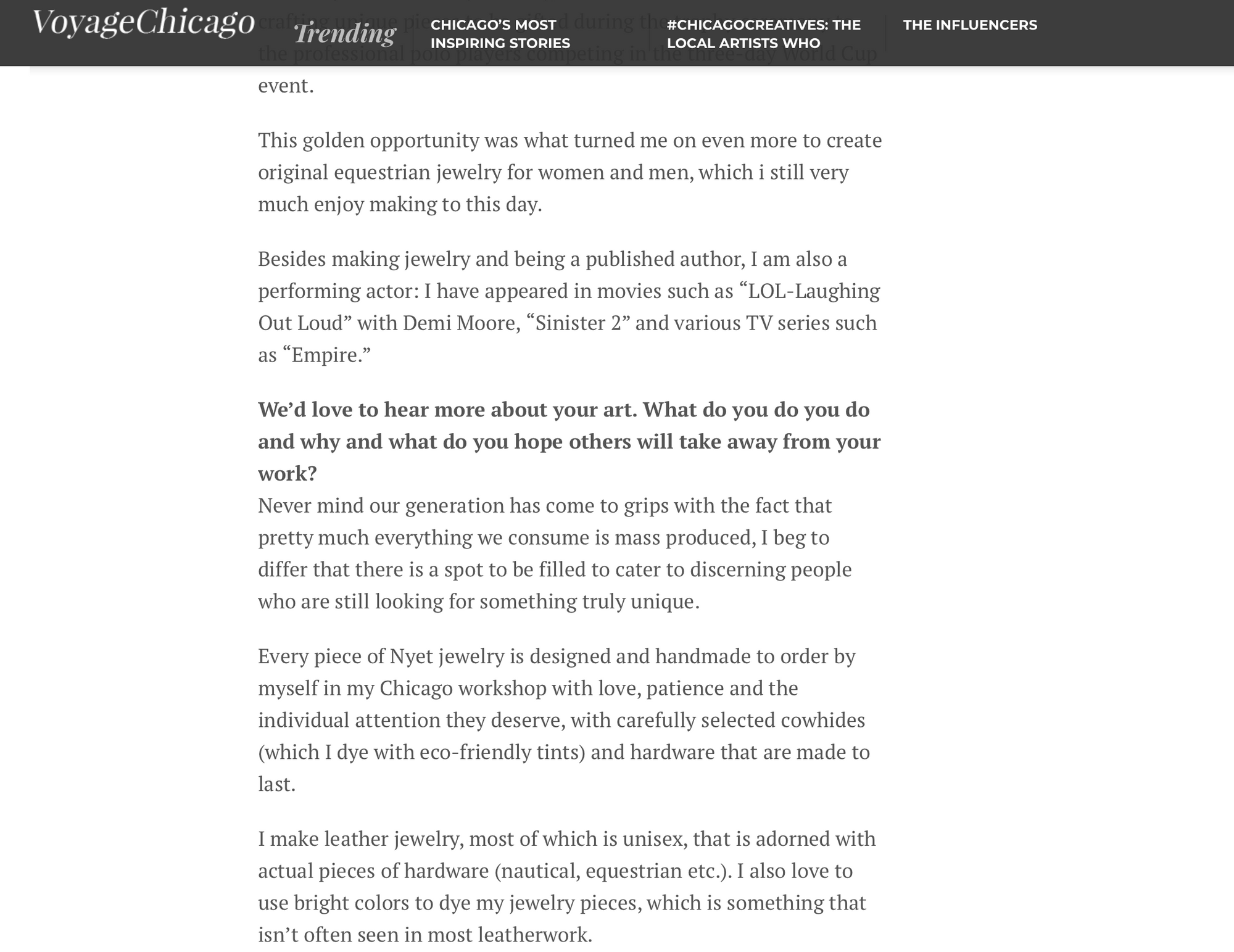 NYET JEWELRY INTERVIEW IN VOYAGECHICAGO.COM