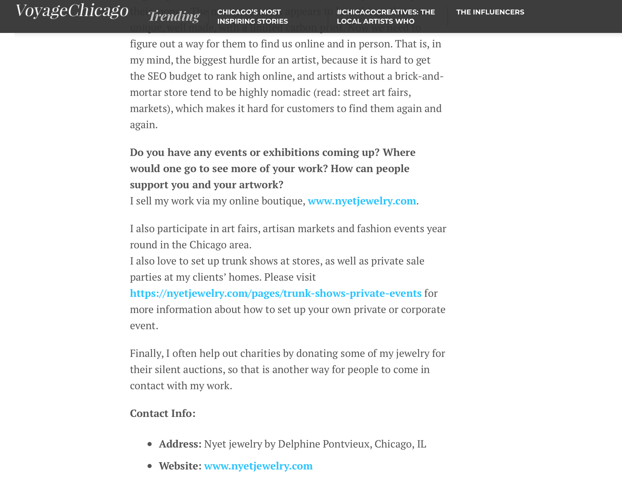 NYET JEWELRY INTERVIEW IN VOYAGECHICAGO.COM
