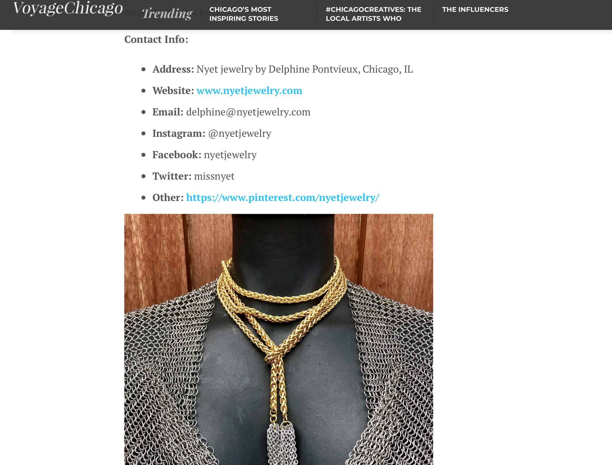 NYET JEWELRY INTERVIEW IN VOYAGECHICAGO.COM
