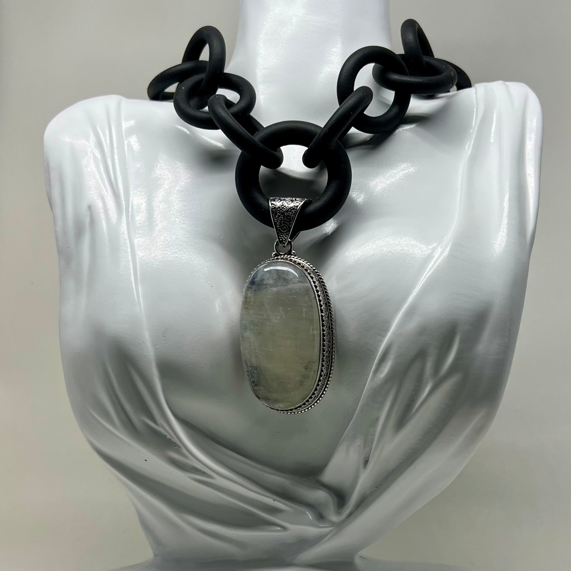 Large Moonstone and  Rubber Necklace