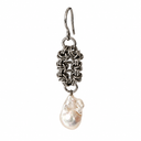 A single drop earring featuring a textured, dark silver-toned woven metal section and a dangling baroque pearl, shown against a plain white background.