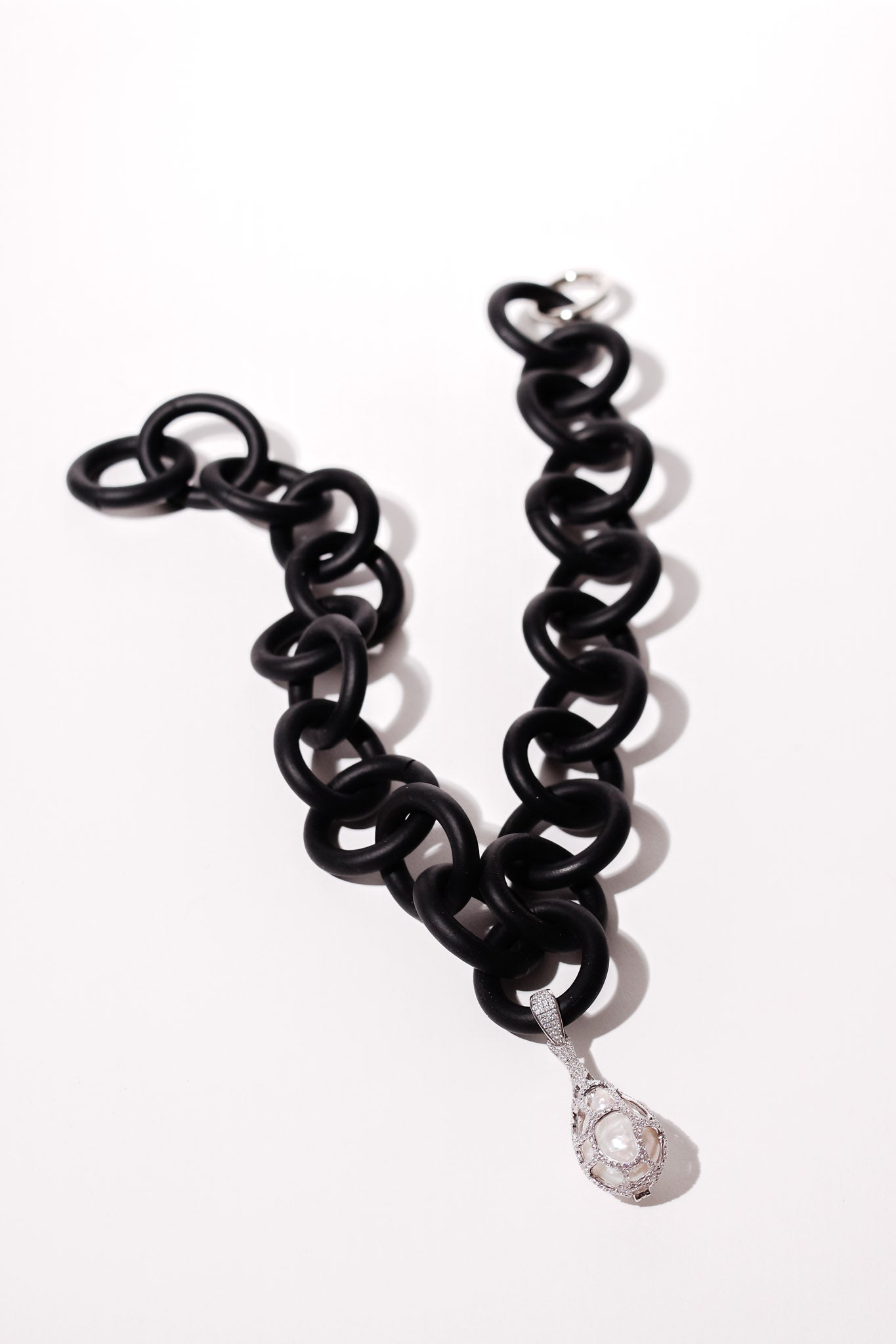 Cage Drop Pendent with Baroque Pearl Rubber Necklace