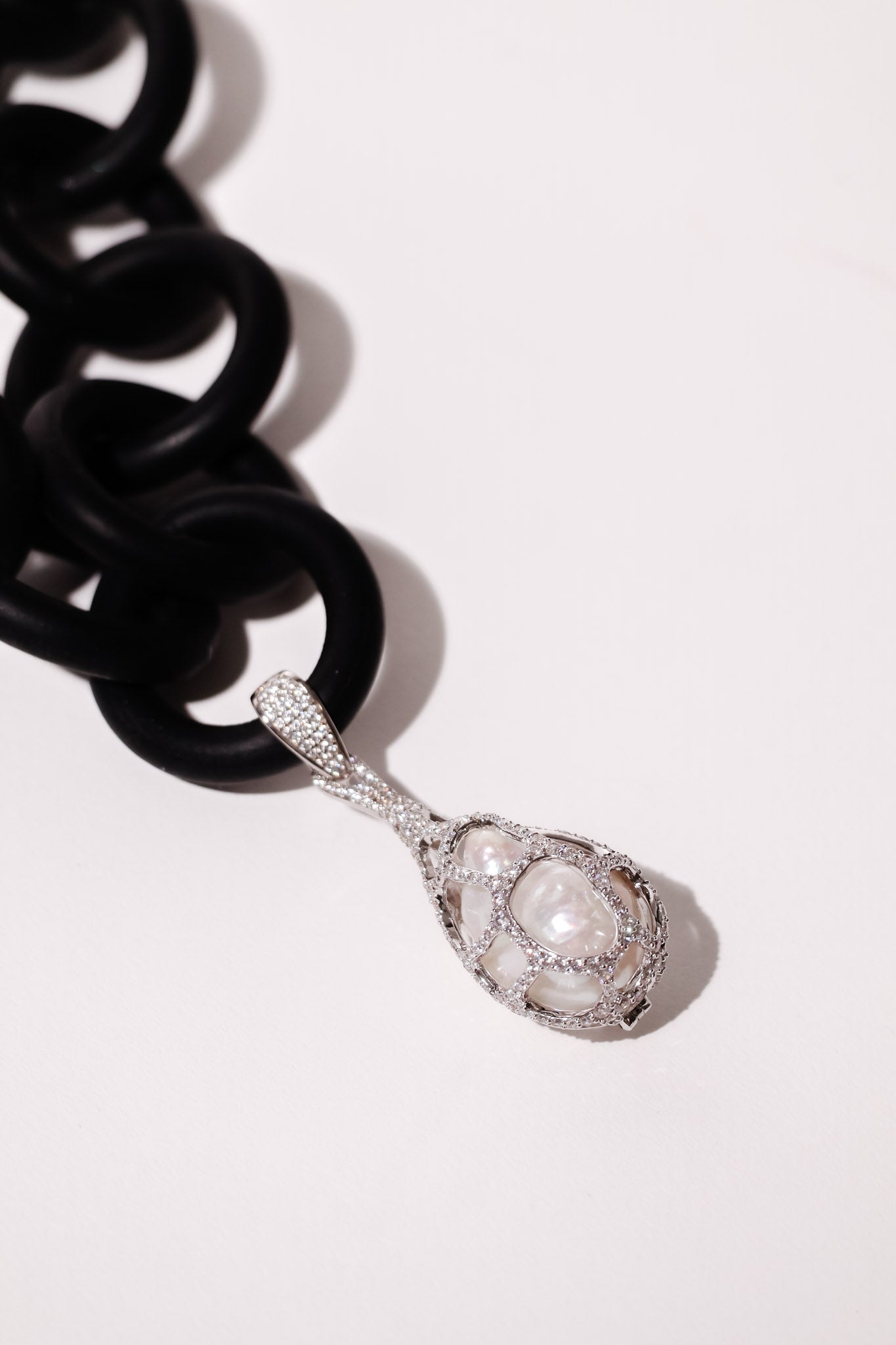 Cage Drop Pendent with Baroque Pearl Rubber Necklace