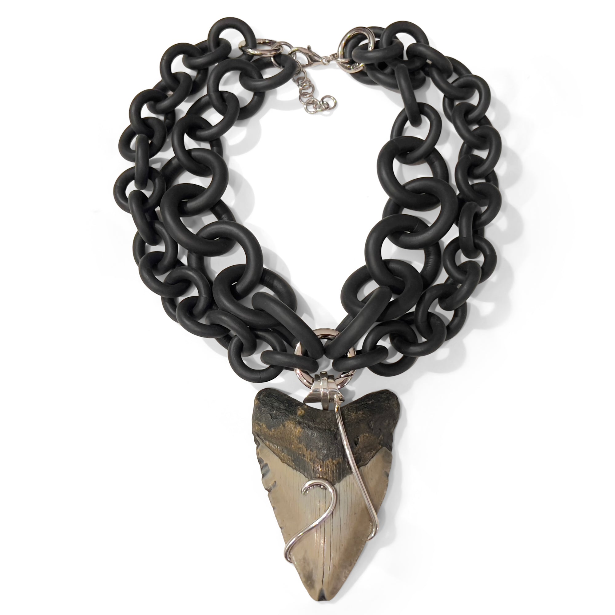 2-STRAND BLACK RUBBER NECKLACE WITH OVERSIZED MEGALODON TOOTH WRAPPED IN SILVER. by NYET Jewelry