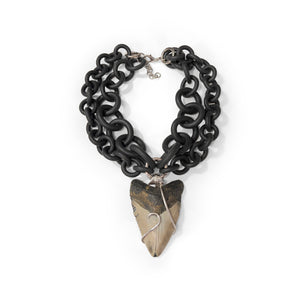 2-STRAND BLACK RUBBER NECKLACE WITH OVERSIZED MEGALODON TOOTH WRAPPED IN SILVER. by NYET Jewelry