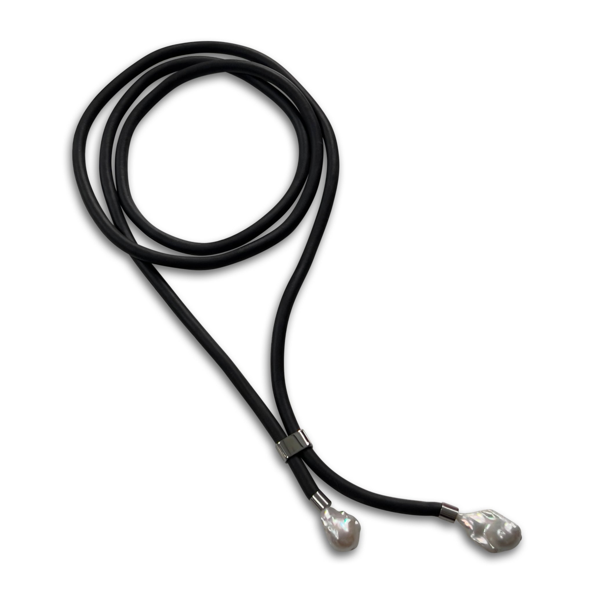 rubber long lariat with two baroque pearls at ends - by NYET Jewelry