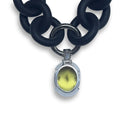 BLACK RUBBER NECKLACE WITH OVAL-CUT FACETED LEMON TOPAZ GEMSTONE BEZEL SET IN SILVER. nyet jewelry