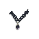 BLACK RUBBER NECKLACE WITH PENDENT BEZEL SET IN SILVER WITH A LARGE PURPLE AMETHYST STONE.
