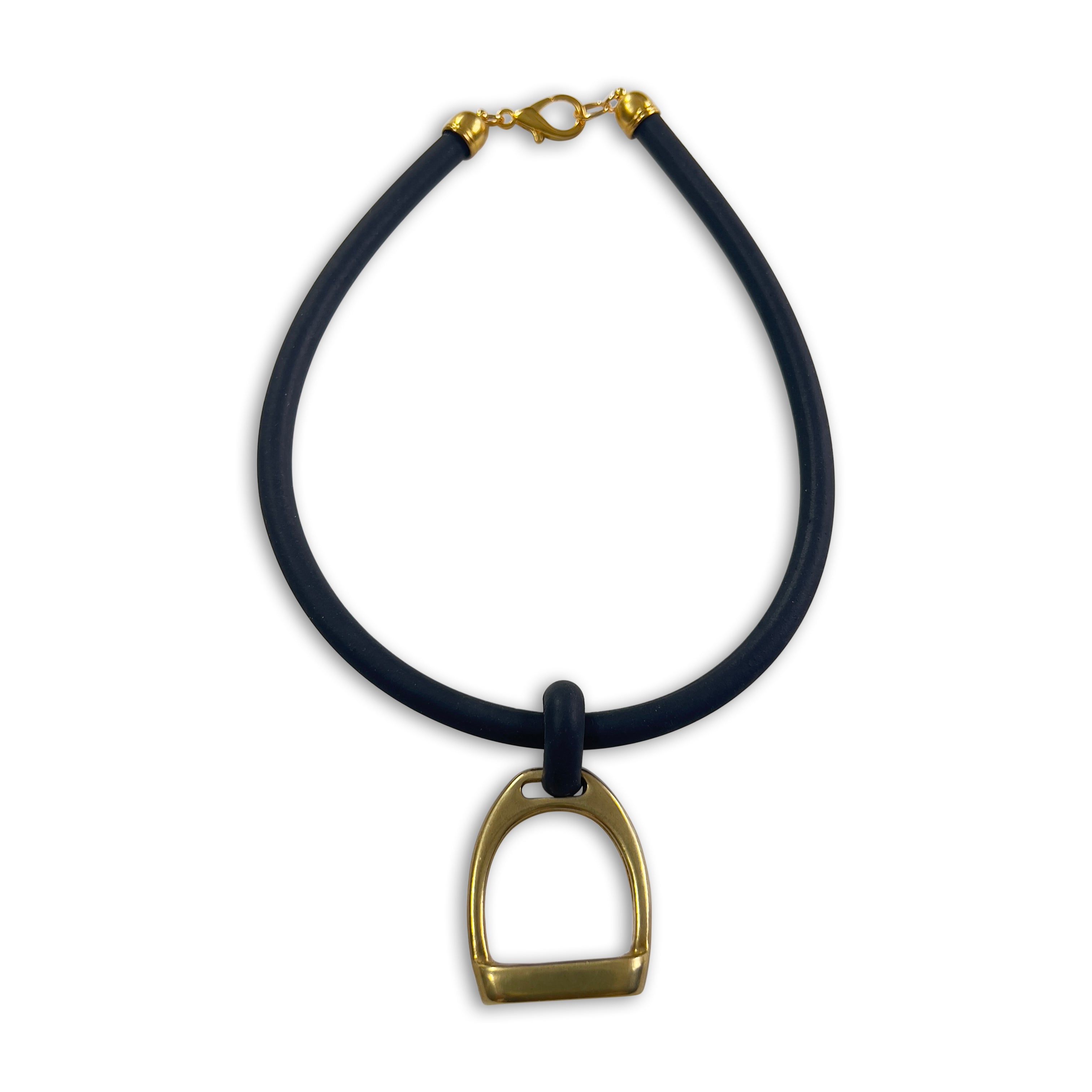 BLACK RUBBER AND SOLID BRASS PENDENT EQUESTRIAN STIRRUP CHOKER by NYET Jewelry