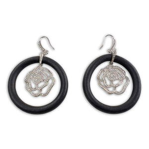 BLACK RUBBER EARRINGS WITH PAVE'D CZ PENDENT REPRESENTING A CAMELLIA FLOWER by NYET Jewelry