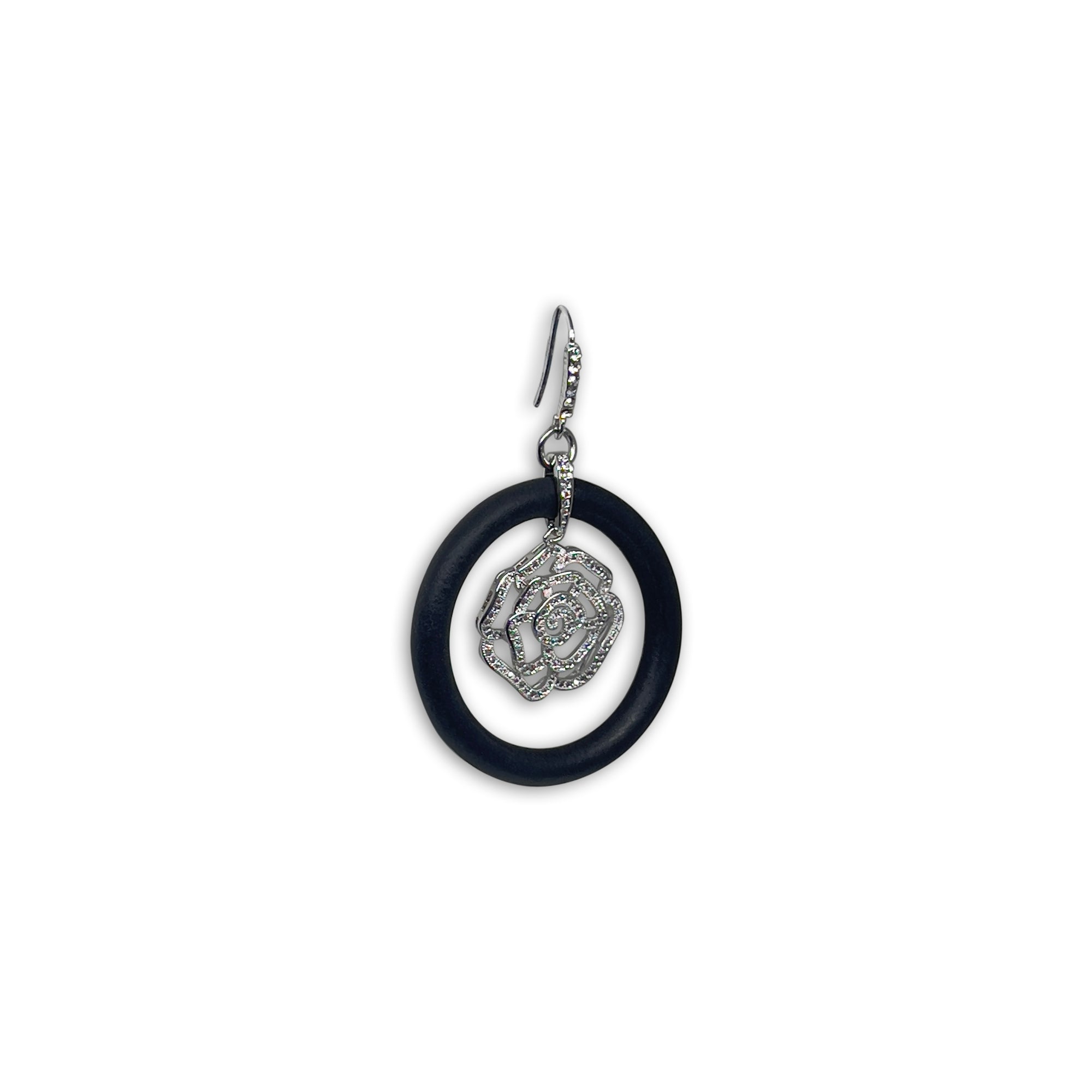 BLACK RUBBER EARRINGS WITH PAVE'D CZ PENDENT REPRESENTING A CAMELLIA FLOWER by NYET Jewelry