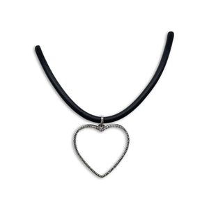 BLACK RUBBER NECKLACE WITH A HEART PENDENT MADE OF PAVE'D CUBIC ZIRCONIA. by NYET Jewelry