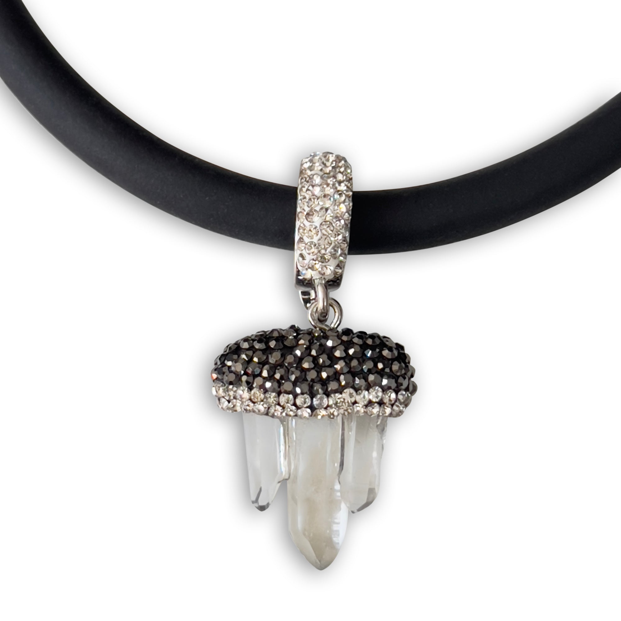 BLACK RUBBER NECKLACE WITH NATURAL QUARTZ CRYSTAL ADORNED WITH PAVE'D AUSTRIAN CRYSTALS PENDENT. by NYET Jewelry