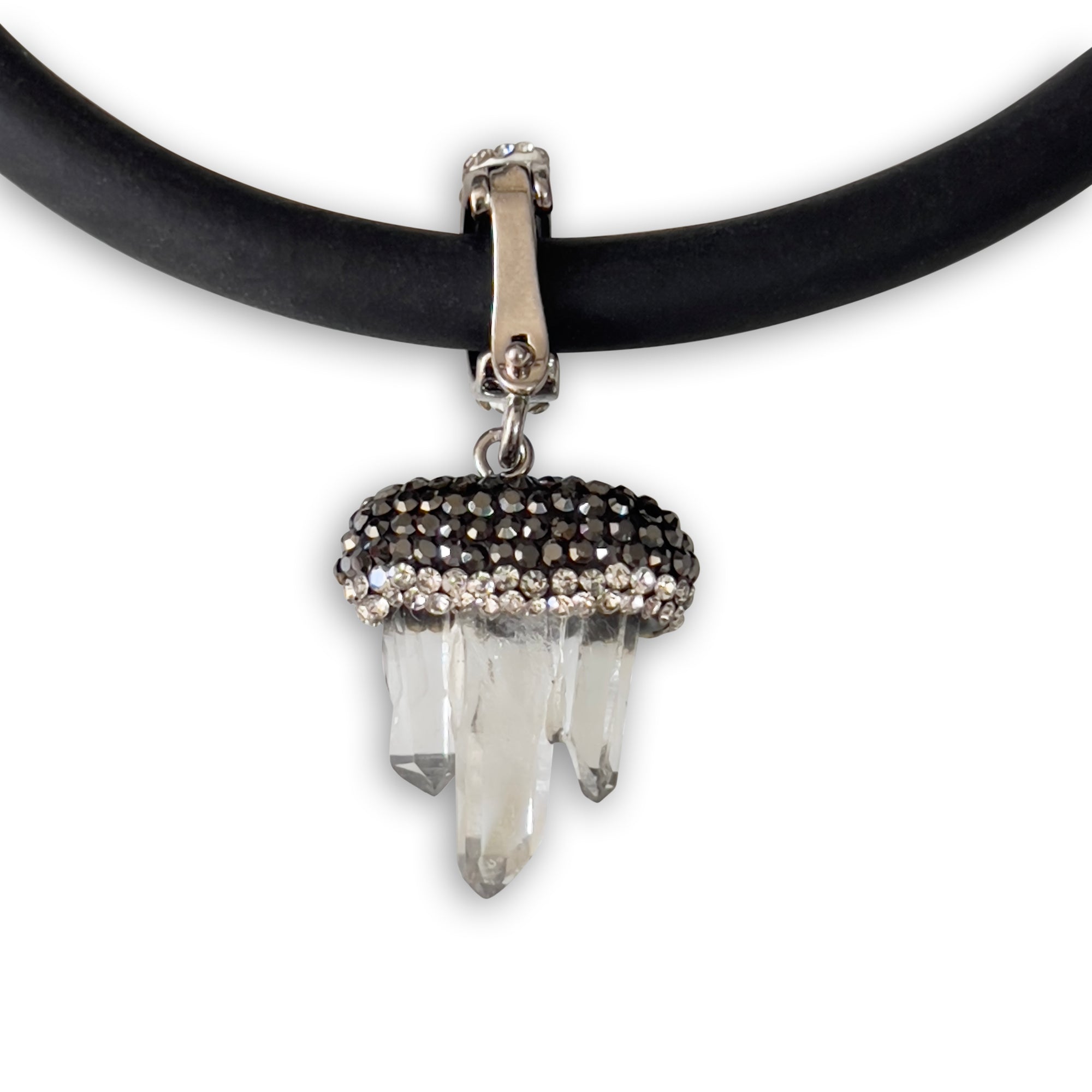 BLACK RUBBER NECKLACE WITH NATURAL QUARTZ CRYSTAL ADORNED WITH PAVE'D AUSTRIAN CRYSTALS PENDENT. by NYET Jewelry