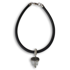 BLACK RUBBER NECKLACE WITH NATURAL QUARTZ CRYSTAL ADORNED WITH PAVE'D AUSTRIAN CRYSTALS PENDENT. by NYET Jewelry