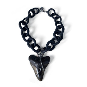 2-STRAND BLACK RUBBER NECKLACE WITH OVERSIZED MEGALODON TOOTH WRAPPED IN SILVER. by NYET Jewelry