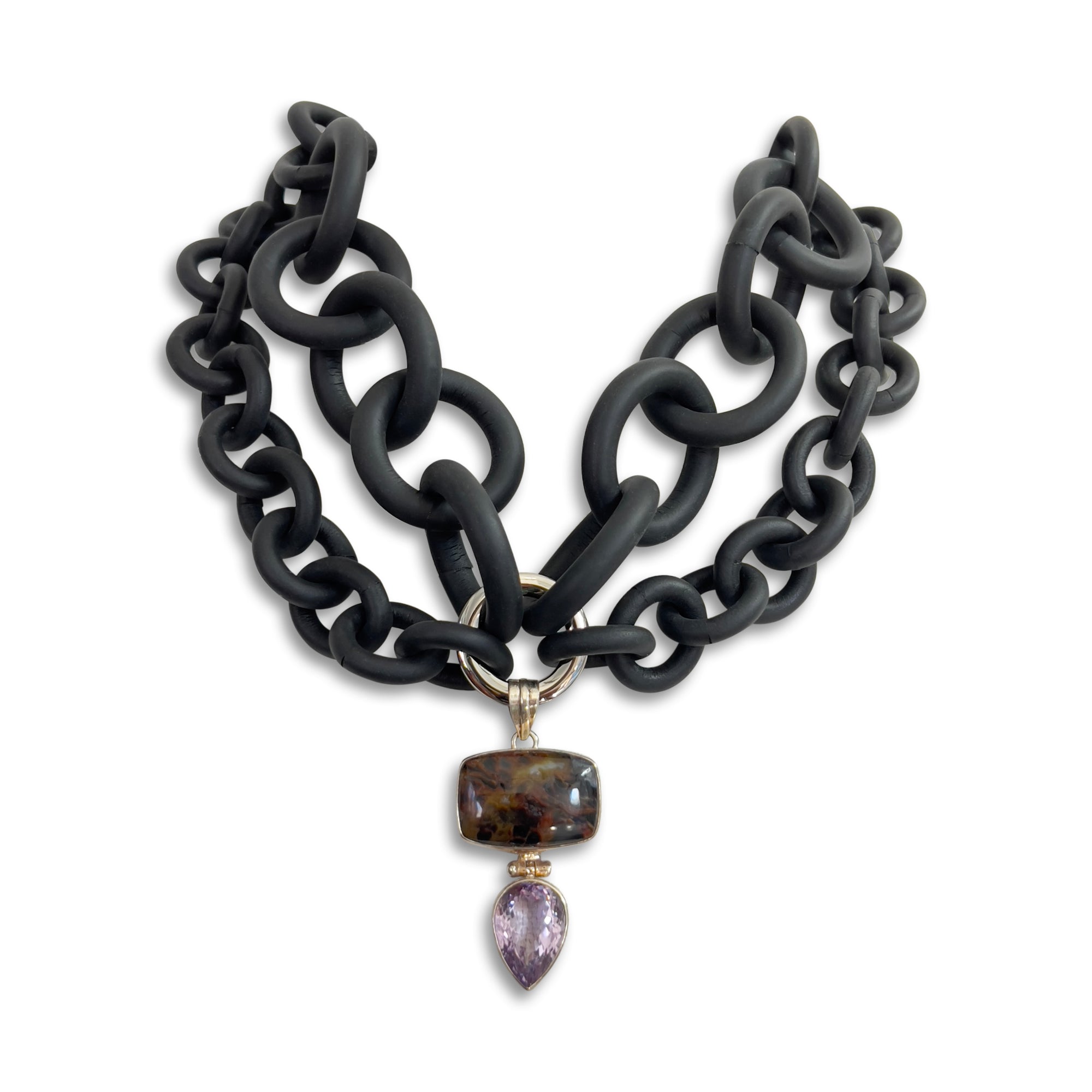 5-in-1 Rubber Necklace with Pietersite and Purple Amethyst Pendent by NYET jewelry