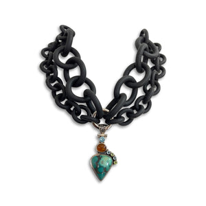 2-STRAND BLACK RUBBER NECKLACE WITH TURQUOISE, AMBER, BLUE TOPAZ AND PERIDOT STONES' PENDENT WRAPPED IN SILVER. by NYET Jewelry.