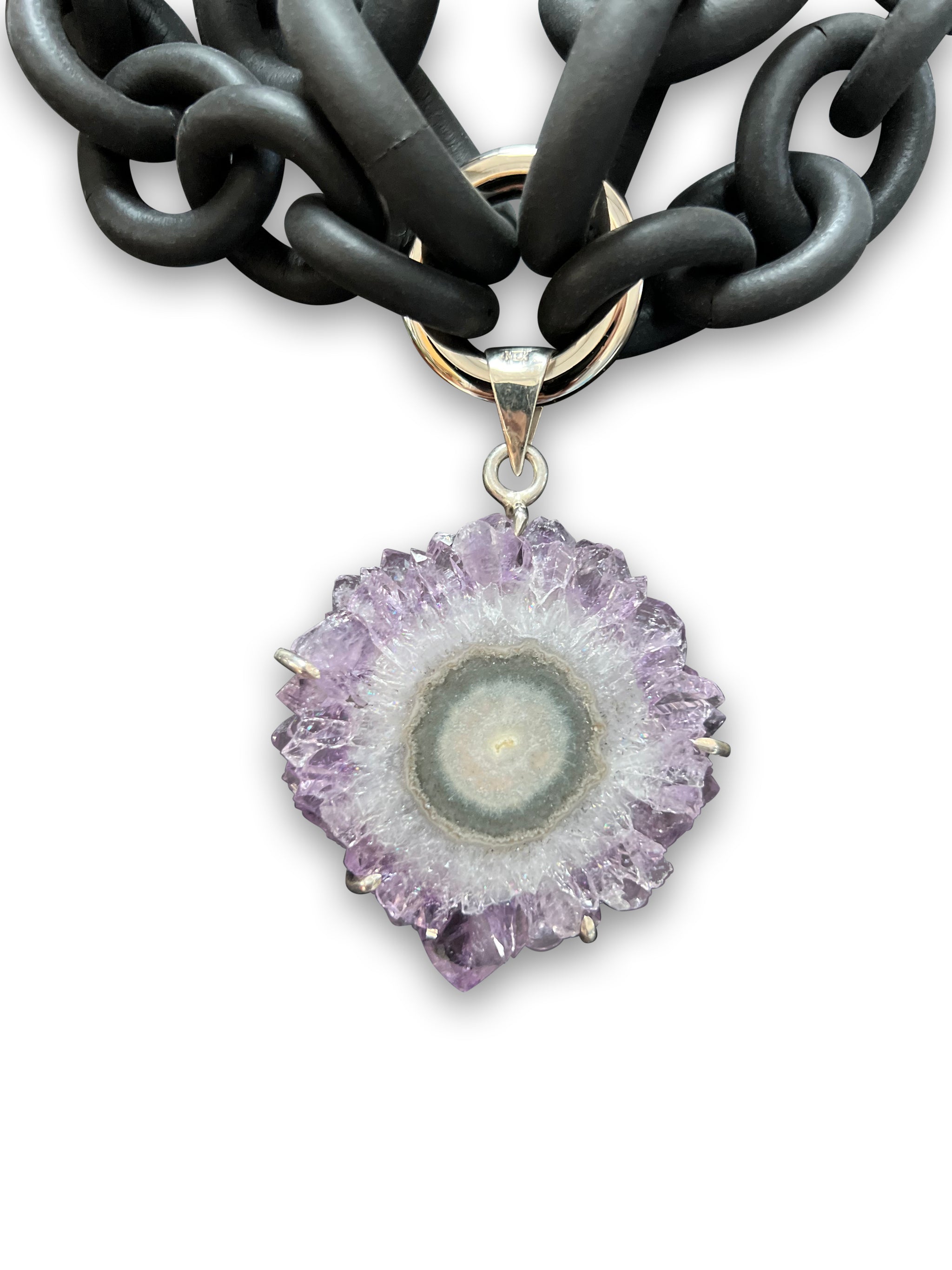 2-STRAND BLACK RUBBER NECKLACE WITH AN AMETHYST STALACTITE WRAPPED IN SILVER. by NYET JEWELRY.