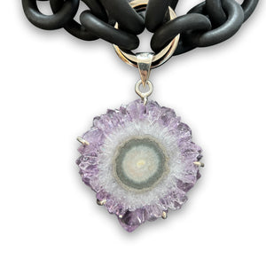 2-STRAND BLACK RUBBER NECKLACE WITH AN AMETHYST STALACTITE WRAPPED IN SILVER. by NYET JEWELRY.